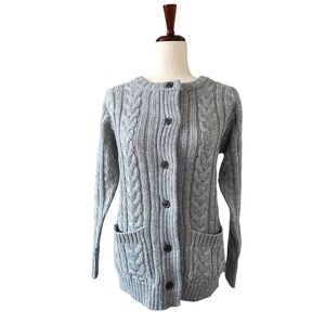 WoolOvers 100% Pure Wool Cardigan Small Gray Cable Knit Washable Sweater
